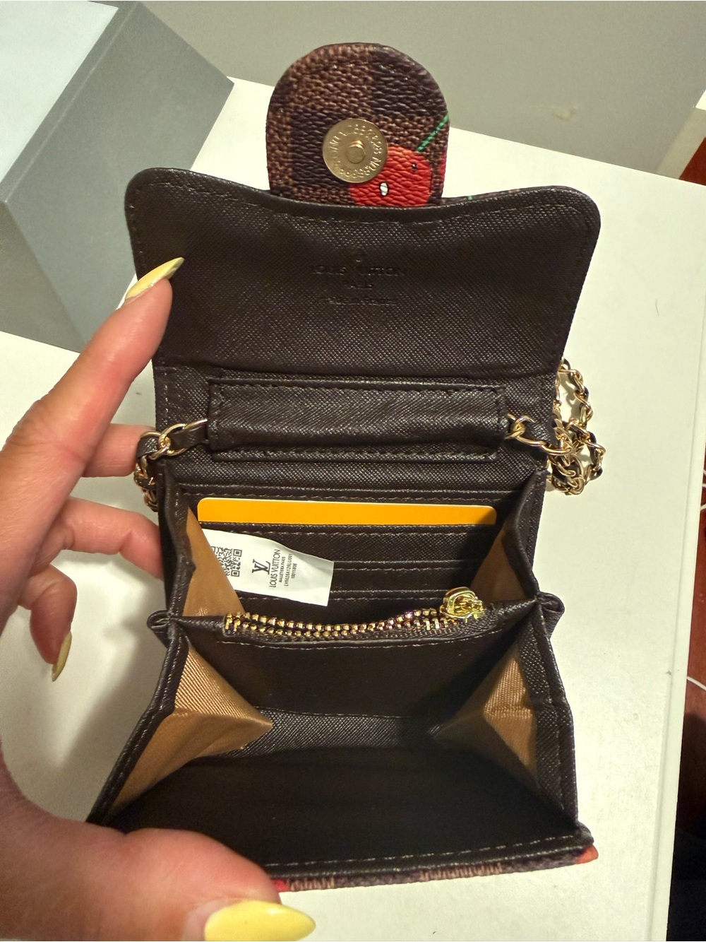 Compact Cherry-Accent Brown Crossbody Wallet